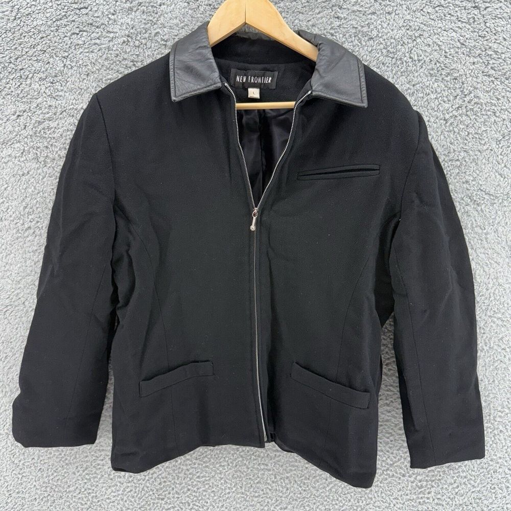 NEW FRONTIER 100% Wool Full Zip Jacket Pockets Black Womens Large Classic City